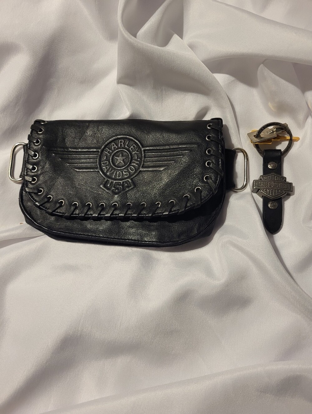 Vintage Harley-Davidson Leather Canvas Mini Belt Bag Embossed Logo & Keychain
